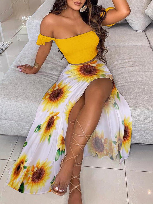 Off Shoulder Shirred Ruffles Top & Sunflower Print High Slit Maxi Skirt Set for Women