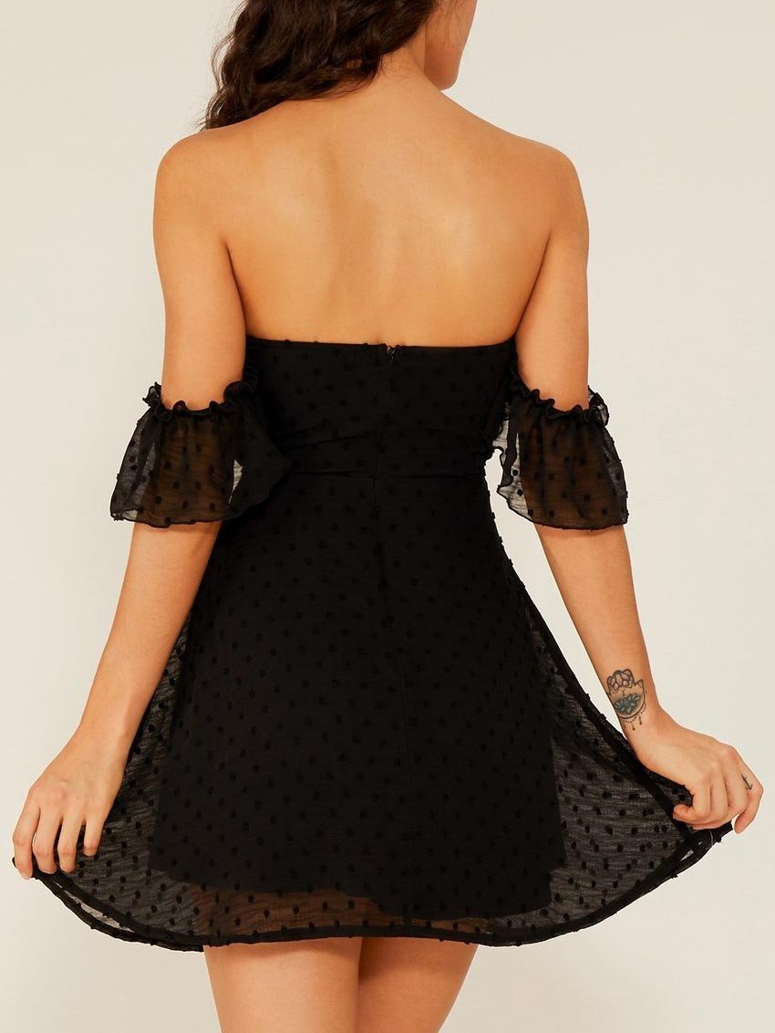 Off Shoulder Swiss Dot Drawstring Peekaboo Dress - LuckyFash™