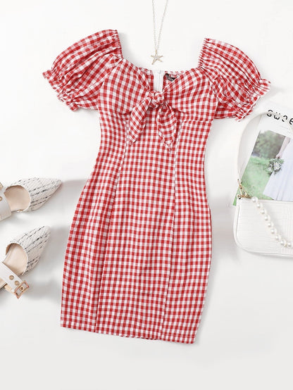 Off Shoulder Tie Front Gingham Dress - LuckyFash™