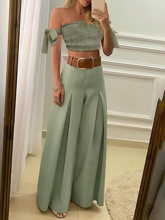 Off Shoulder Tied Detail Crop Top & Wide Leg Ruched Pants Set for Women