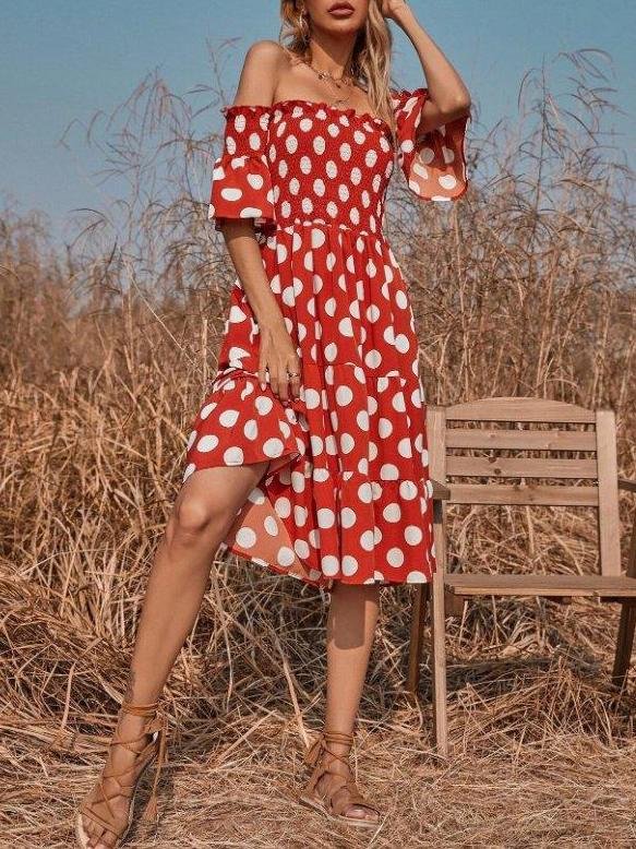 Off-the-shoulder Polka Dot Print Elasticity Midi Dress - LuckyFash™