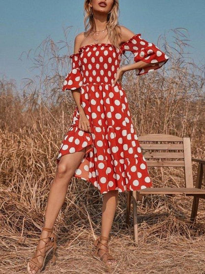 Off-the-shoulder Polka Dot Print Elasticity Midi Dress - LuckyFash™