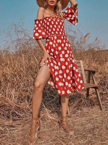 Off-the-shoulder Polka Dot Print Elasticity Midi Dress - LuckyFash™