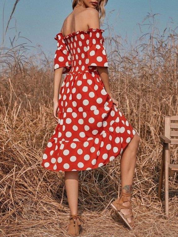 Off-the-shoulder Polka Dot Print Elasticity Midi Dress - LuckyFash™