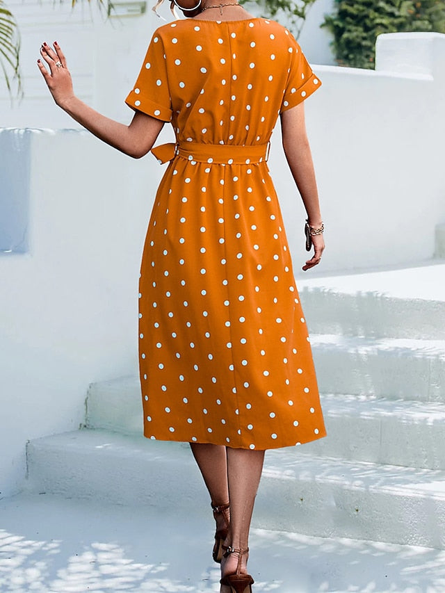 Women's Casual Dress Summer Dress PolkaÂ DotÂ Dress Polka Dot Lace up Print Crew Neck Midi Dress Fashion Streetwear Outdoor Date Short Sleeve Regular Fit Black Yellow Pink Summer Spring S M L XL - LuckyFash™