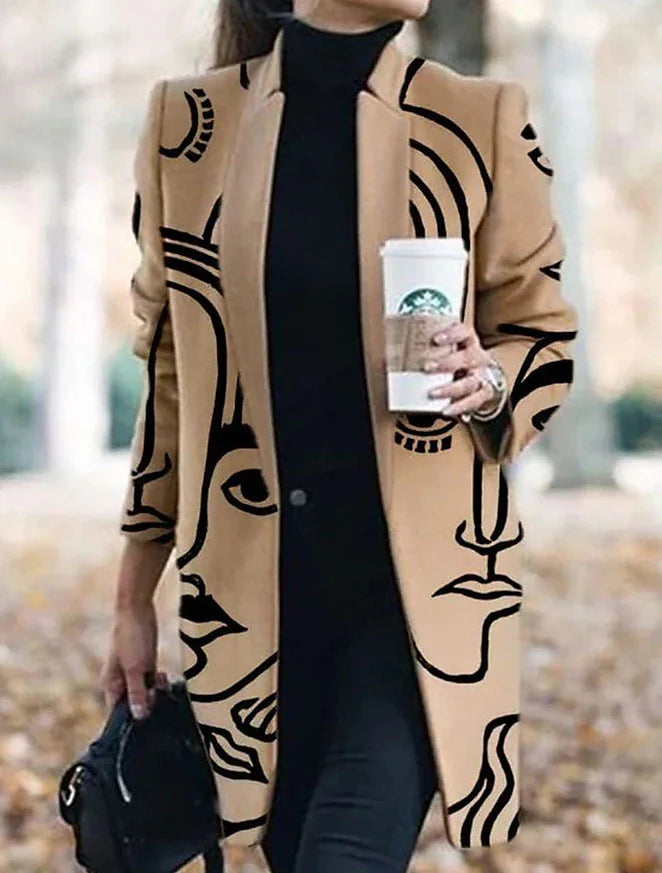 Women's Winter Coat Mid-Length Overcoat Open Front Stand Collar Pea Coat Thermal Warm Windproof Trench Coat Fall Elegant Formal Outerwear Long Sleeve Abstract Print
