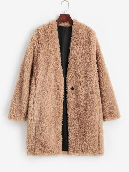 One Button Pocket Longline Teddy Coat - LuckyFash™