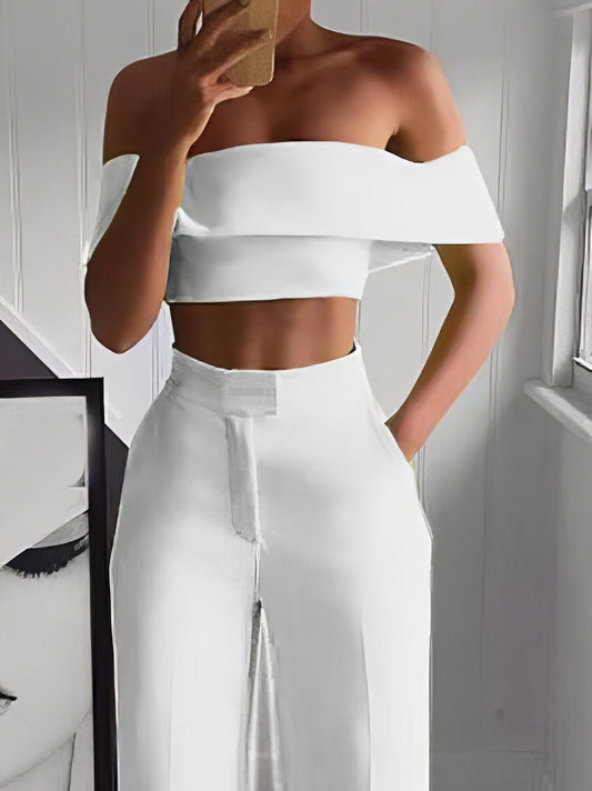 One-Shoulder Crop Top & Mopping Pants Two-Piece Suit