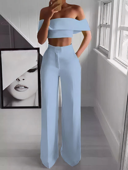 Sets - One-Shoulder Crop Top & Mopping Pants Two-Piece Suit - MsDressly