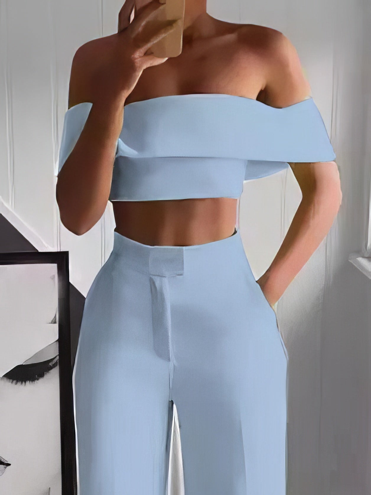 Sets - One-Shoulder Crop Top & Mopping Pants Two-Piece Suit - MsDressly