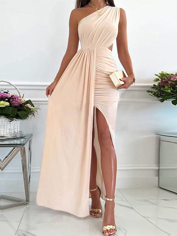 One Shoulder Hollow Pleated Slit Waist Long Fairy Skirt