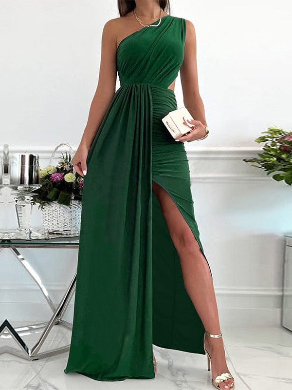 One Shoulder Hollow Pleated Slit Waist Long Fairy Skirt