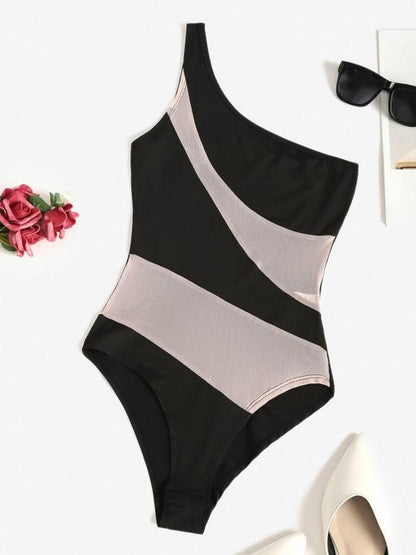 One Shoulder Mesh Panel Two Tone Bodysuit for Women