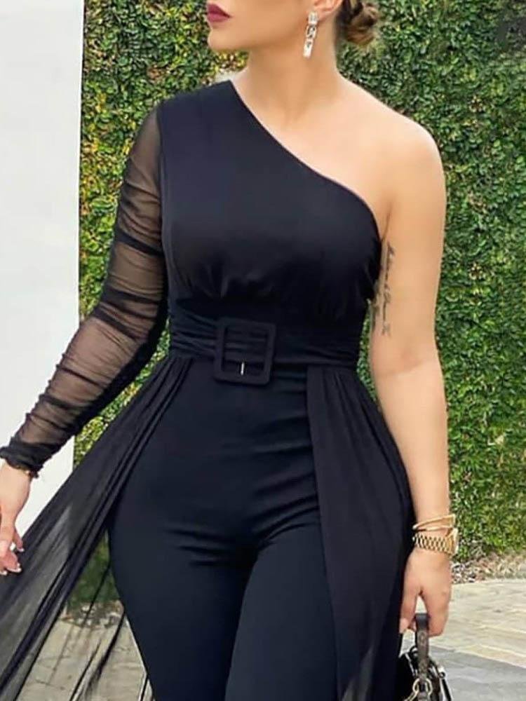 One Shoulder Plain Sheer Mesh Jumpsuit - LuckyFash™