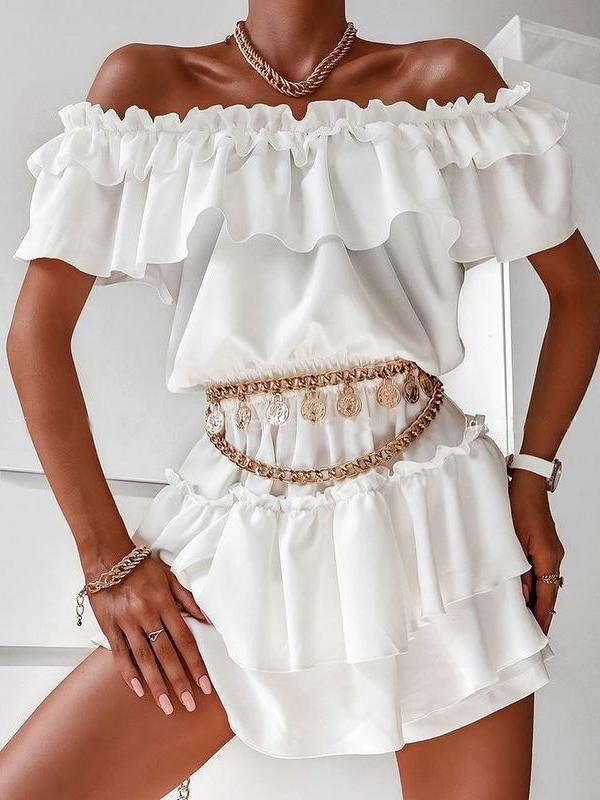 One-shoulder Short-sleeved Solid Skirt - LuckyFash™