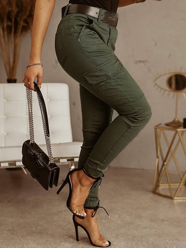 Women's Cargo Pants Basic Casual / Sporty Tactical Trousers Side Pockets Patchwork Full Length Pants Business Micro-elastic Plain Cotton Comfort Mid Waist Slim Green Black Gray S M L XL XXL - LuckyFash™