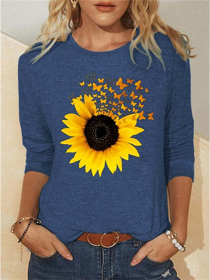 Women's T shirt Tee Butterfly Sunflower Black Blue Gray Print Long Sleeve Holiday Weekend Fashion Round Neck Regular Fit Spring &  Fall