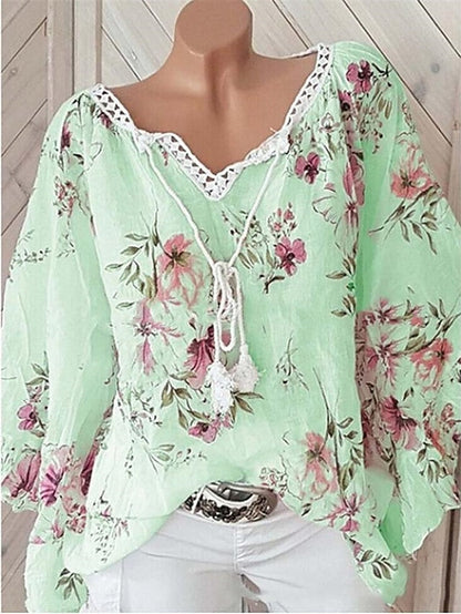 Women's Shirt Blouse White Pink Blue Floral Print Long Sleeve Daily Vacation Streetwear V Neck Regular Cotton Plus Size L - LuckyFash™