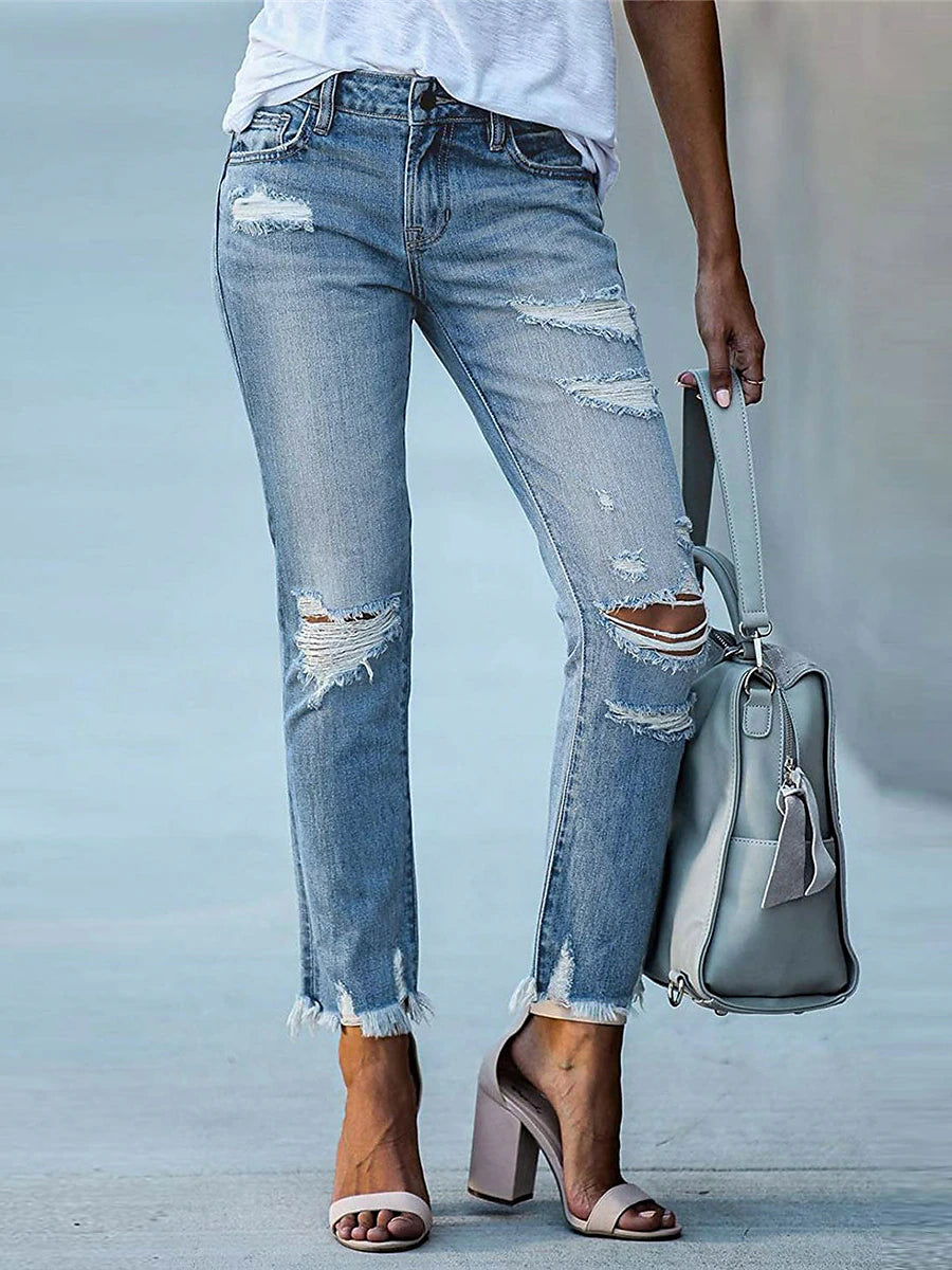 Women‘s Low Rise Jeans Skinny Pants Trousers Full Length Denim Ripped Micro-elastic Mid Waist Fashion Streetwear Street Daily Black Dark navy S M Fall Winter
