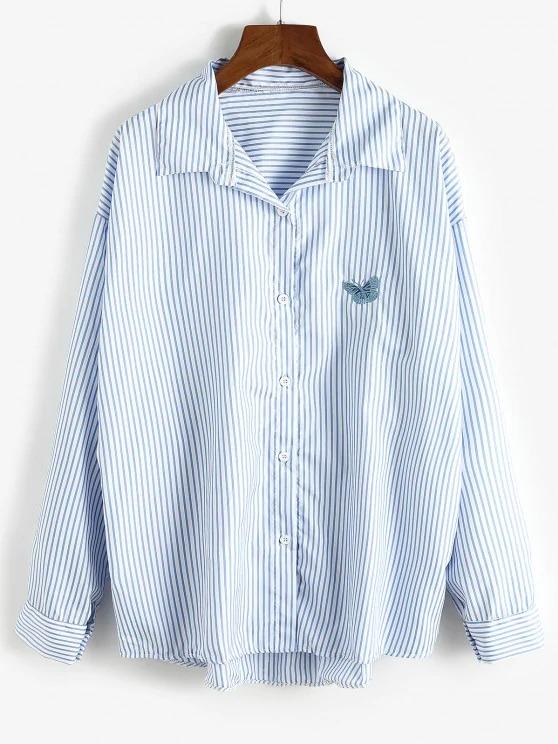 Oversize Stripes Butterfly Embroidered Shirt - LuckyFash™