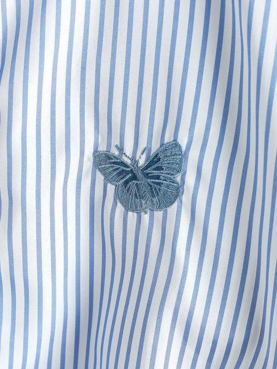 Oversize Stripes Butterfly Embroidered Shirt - LuckyFash™