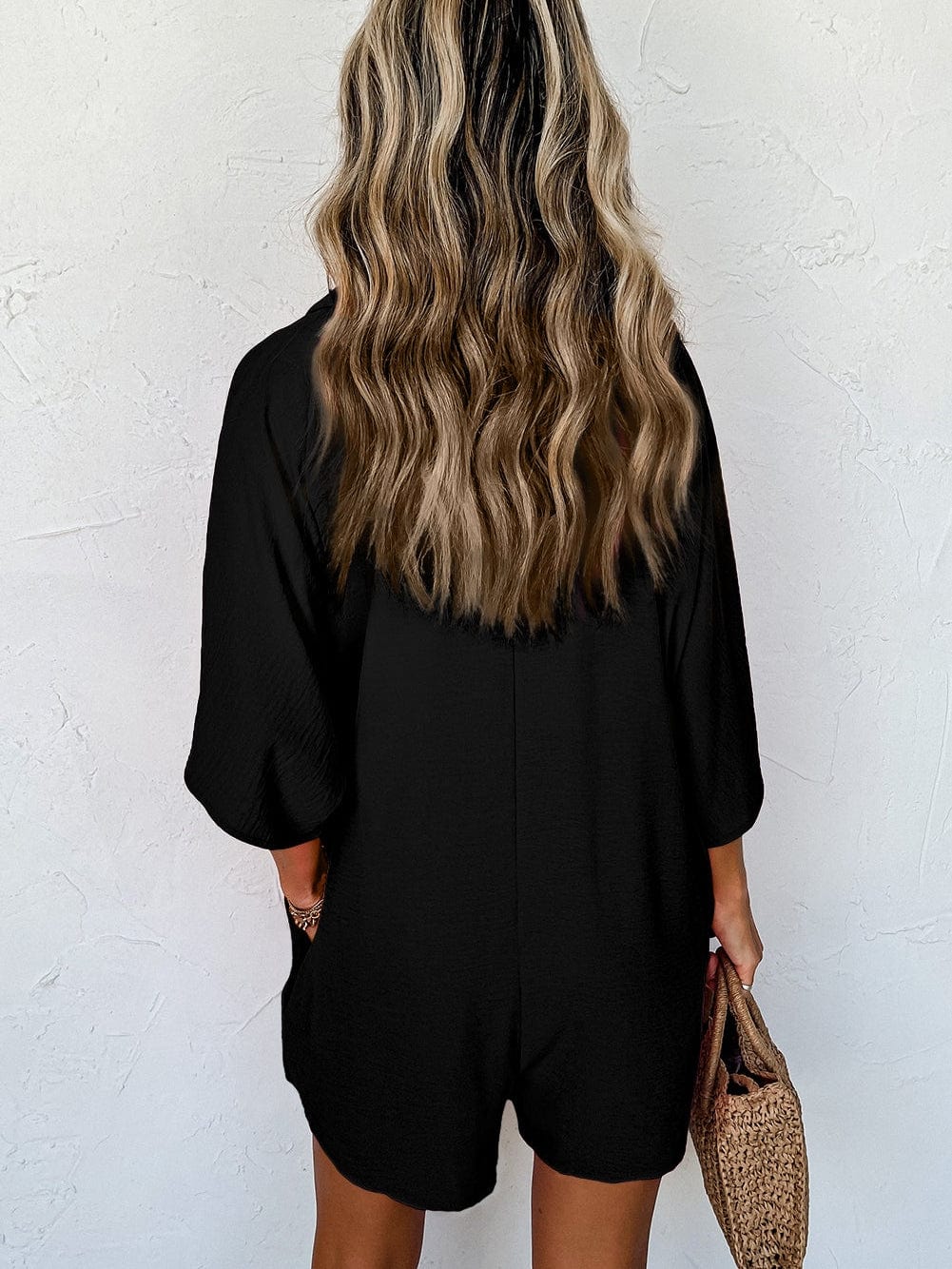 Oversized Black Button-Up Collared Romper