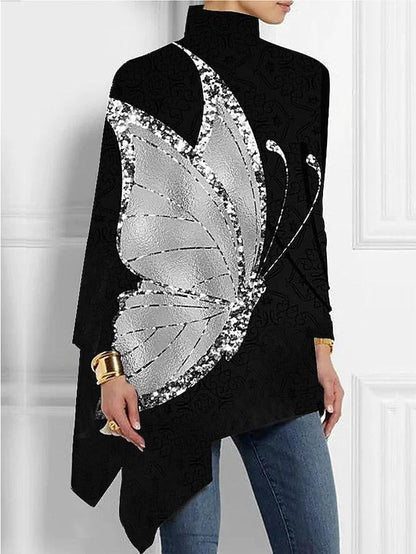 Women's Plus Size Shirt Blouse Butterfly Star Silver Black White Print Asymmetric Long Sleeve Casual Basic Turtleneck High Neck Regular Fit Spring Fall