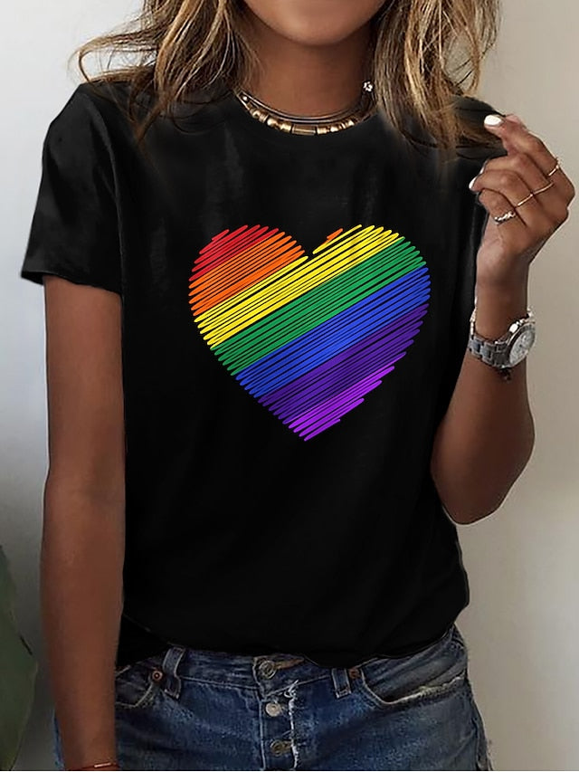 Women's T shirt Tee 100% Cotton Black White Pink Rainbow Heart Print Short Sleeve Casual Valentine Basic Round Neck Regular Cotton Painting S - LuckyFash™