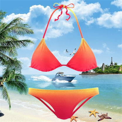 Women's Swimwear Bikini 2 Piece Normal Swimsuit Halter 2 Piece Open Back Sexy Printing Gradient Color Red Green Halter V Wire Bathing Suits Sexy Vacation Fashion