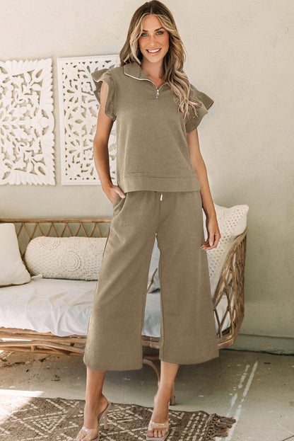 Pale Khaki Ruffle Sleeve Top and Wide Leg Pants Ensemble