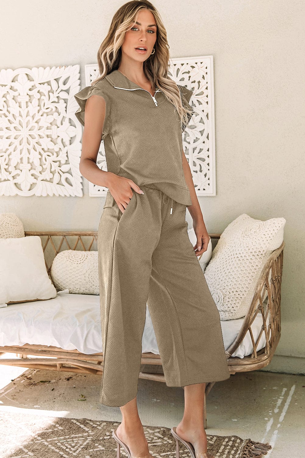 Pale Khaki Ruffle Sleeve Top and Wide Leg Pants Ensemble