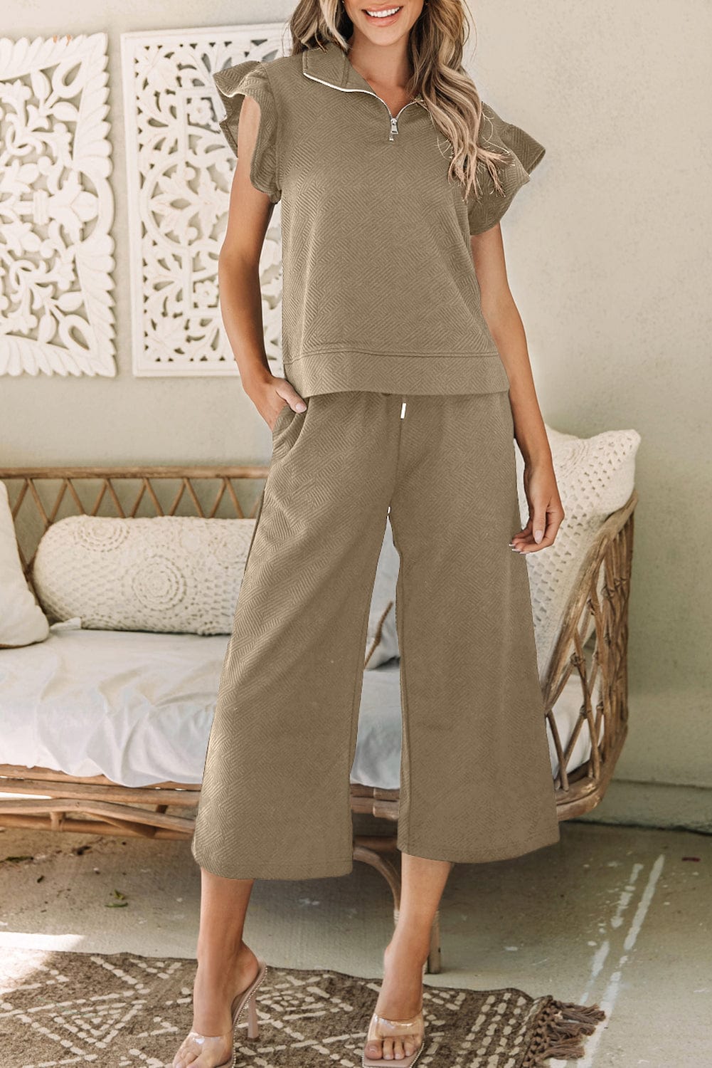 Pale Khaki Ruffle Sleeve Top and Wide Leg Pants Ensemble