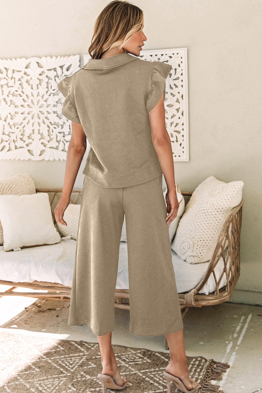 Pale Khaki Ruffle Sleeve Top and Wide Leg Pants Ensemble