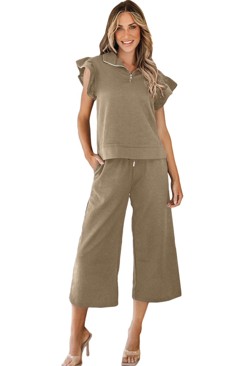 Pale Khaki Ruffle Sleeve Top and Wide Leg Pants Ensemble