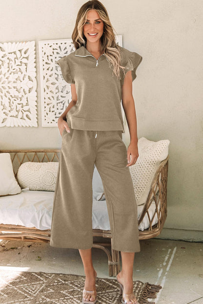 Pale Khaki Ruffle Sleeve Top and Wide Leg Pants Ensemble