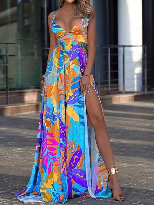 Palm Leaf Print High Slit Maxi Dress for Women