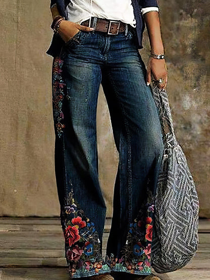 MsDressly Pants Casual Floral Print Pocket Wide-Leg Jeans