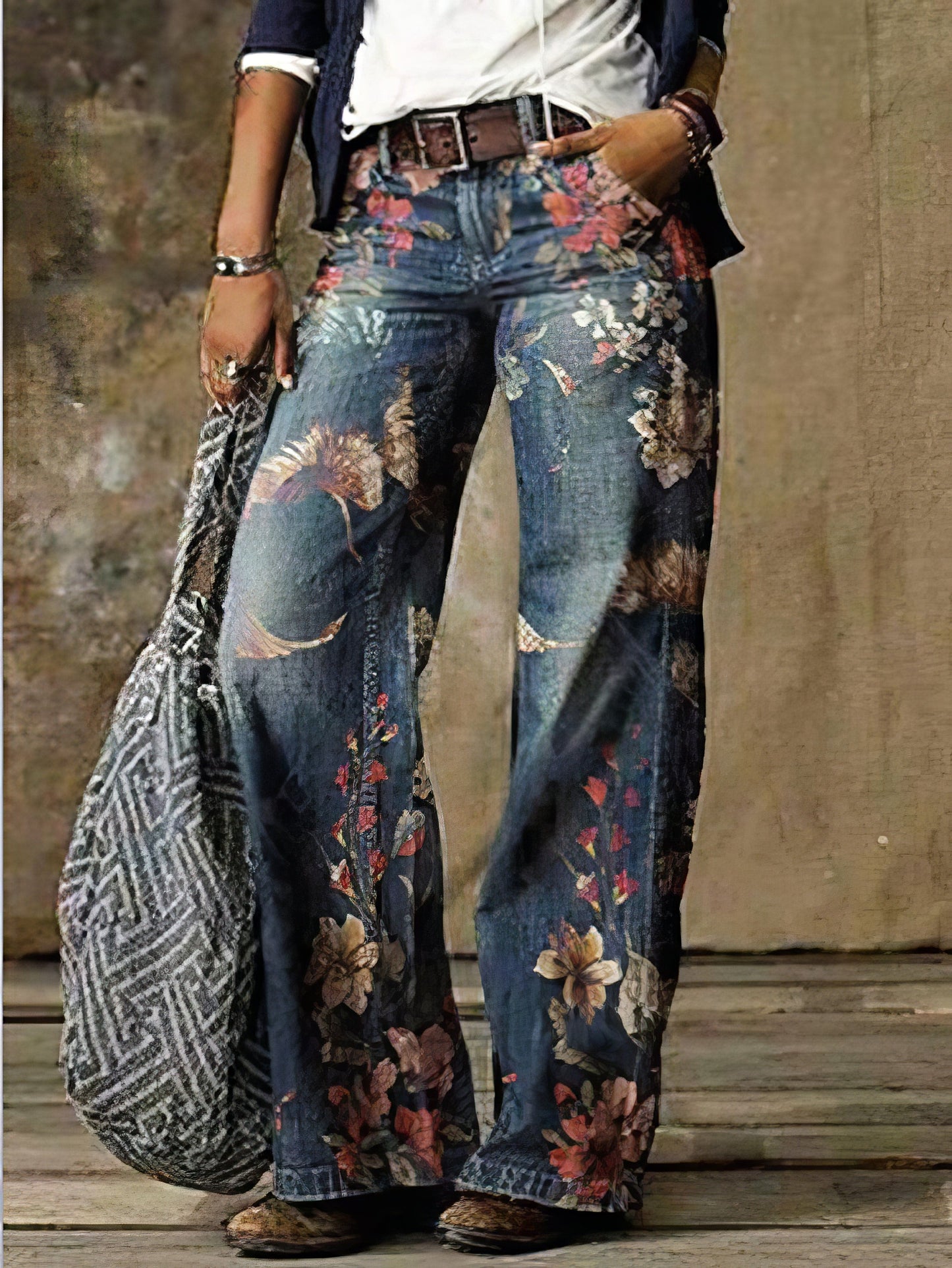 MsDressly Pants Casual Floral Print Pocket Wide-Leg Jeans DEN2109151152BPINS