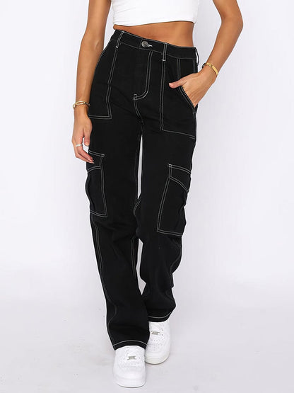 MsDressly Pants Fashion Low Waist Straight Multi Pocket Pants TRO2304120012BLAS