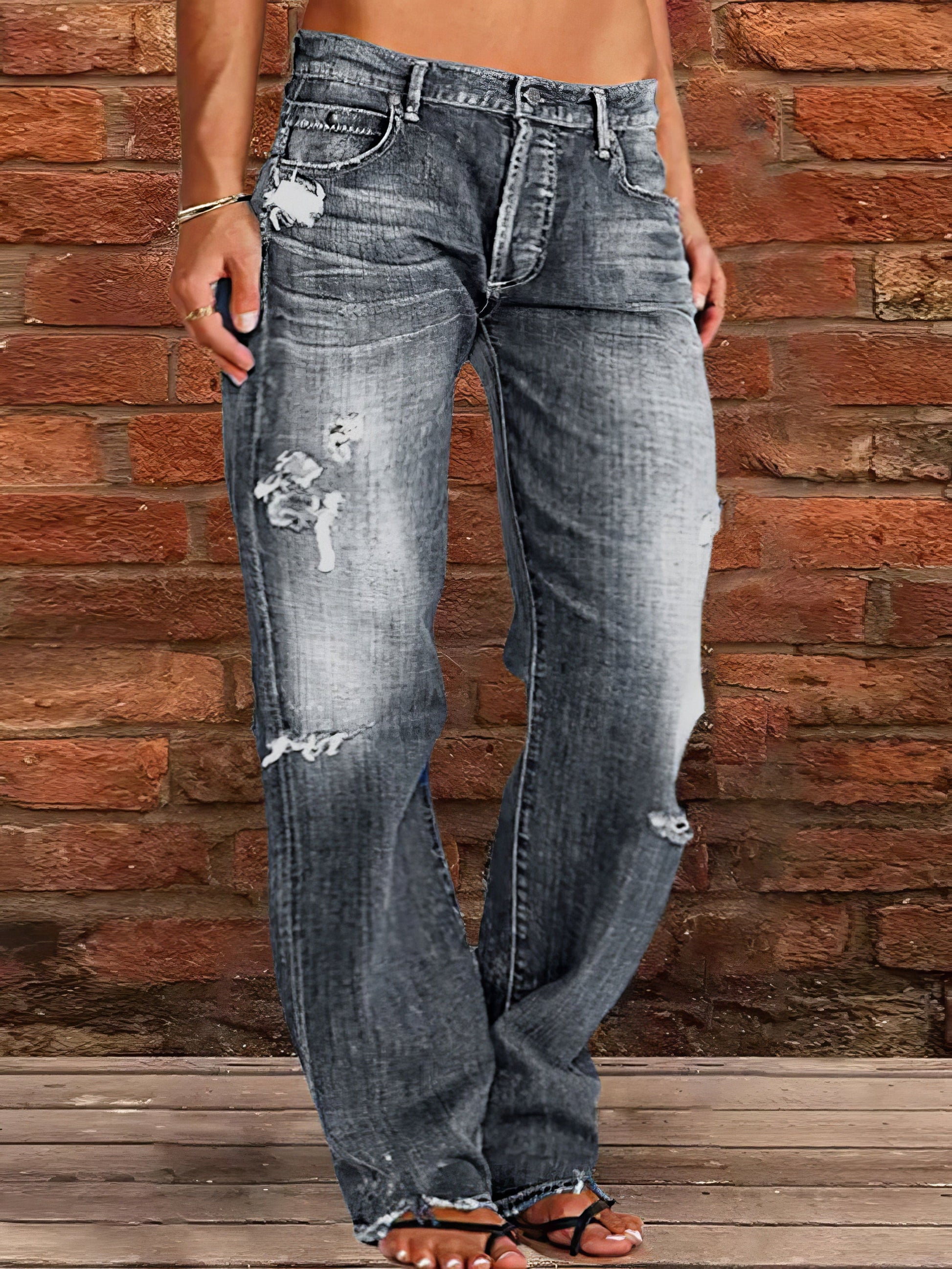 MsDressly Pants Stretch Ripped Washed Casual Straight Jeans DEN2210061242GRAS