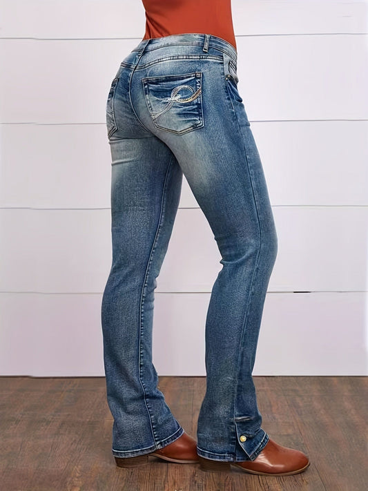 MsDressly Pants Vintage Embroidered Patchwork Bootcut Button Side Split Denim Jeans PLU23092605BLUXS(2)