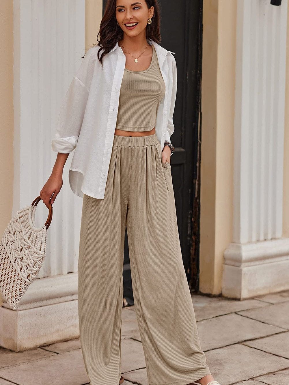 Parchment Ribbed Two-Piece Sleeveless Crop Top and Wide Leg Pants Set