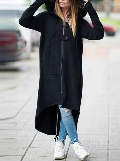 Women's Trench Coat Fall Casual Hoodied Jacket Zipper Windproof Long Coat with Poackets Street Daily Wear Winter Warm Regular Fit Stylish Long Sleeve Plain Black Dark Gray