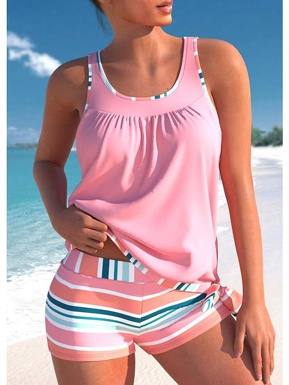 Women's Swimwear Tankini 2 Piece Normal Swimsuit 2 Piece Striped Pink Bathing Suits Sports Beach Wear Summer - LuckyFash™