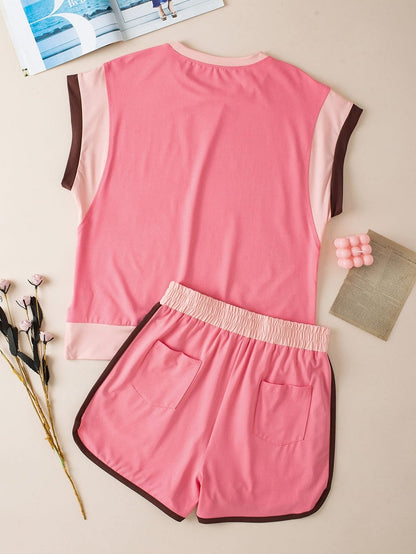 Peach Blossom Colorblock Cap Sleeve Tee & Shorts Ensemble