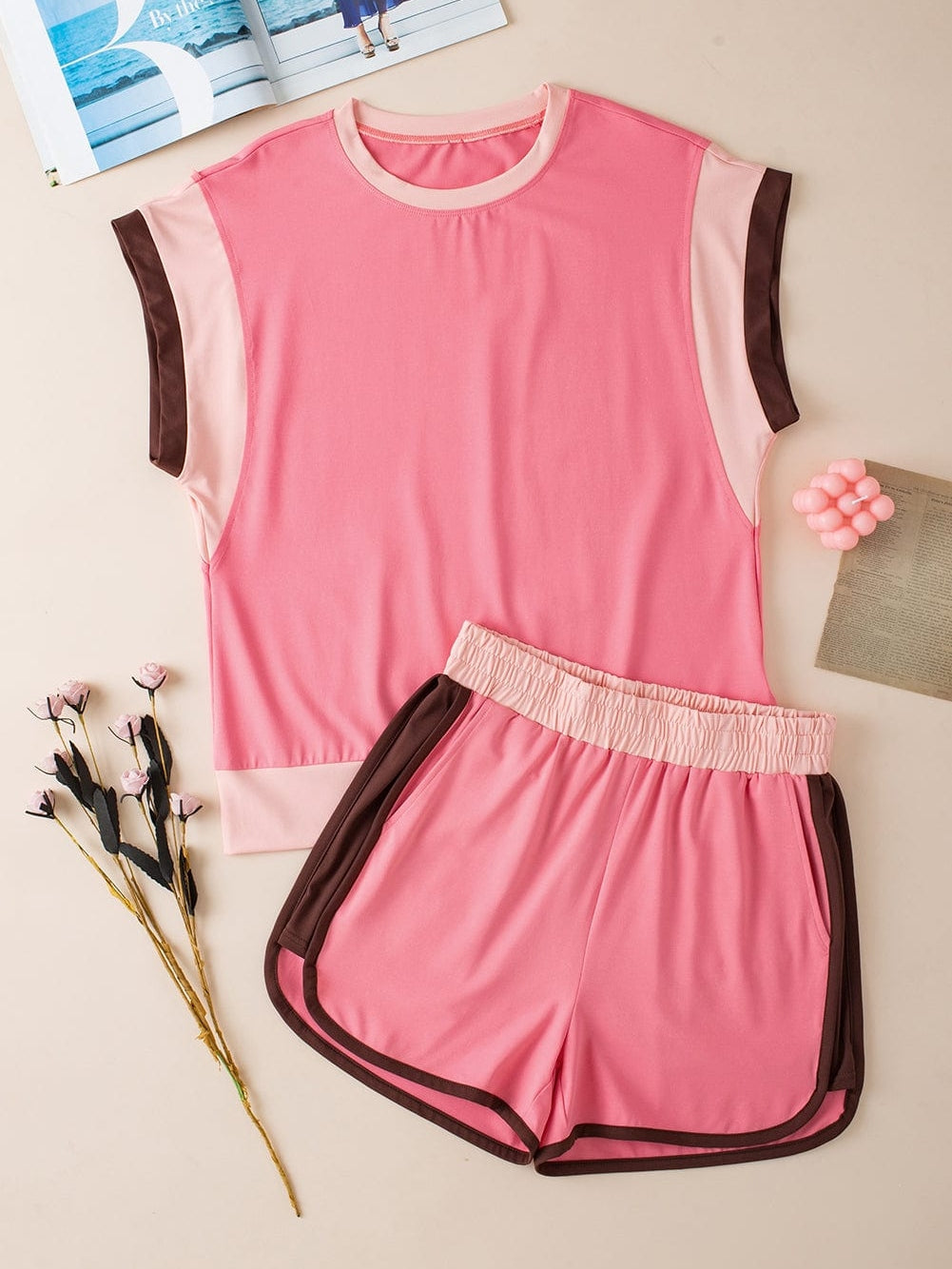 Peach Blossom Colorblock Cap Sleeve Tee & Shorts Ensemble