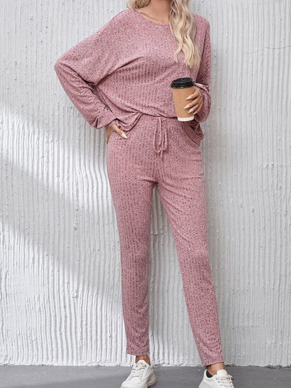 Peach Blossom Ribbed Drop Shoulder Top with Knot Waist Leggings Ensemble