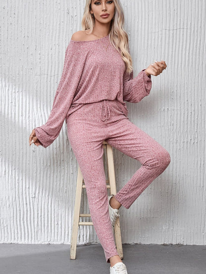 Peach Blossom Ribbed Drop Shoulder Top with Knot Waist Leggings Ensemble