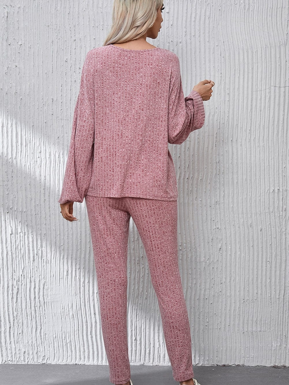 Peach Blossom Ribbed Drop Shoulder Top with Knot Waist Leggings Ensemble