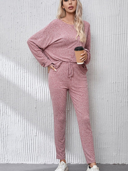 Peach Blossom Ribbed Drop Shoulder Top with Knot Waist Leggings Ensemble